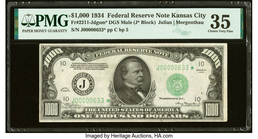 Fr. 2211-J* $1,000 1934 Mule Federal Reserve Note. PMG Choice Very Fine 35....