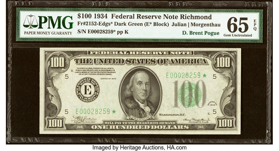 Fr. 2152-E* $100 1934 Federal Reserve Star Note. PMG Gem Uncirculated 65 EPQ....