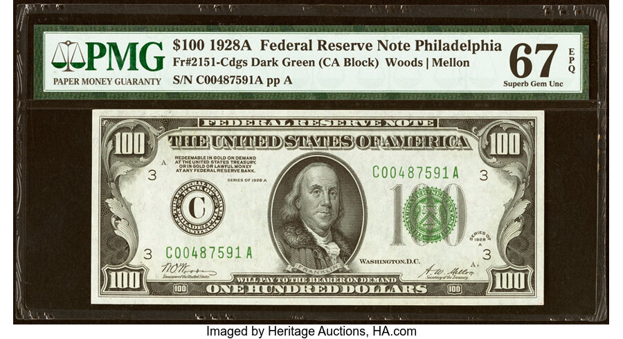 Fr. 2151-C $100 1928A Federal Reserve Note. PMG Superb Gem Unc 67 EPQ....