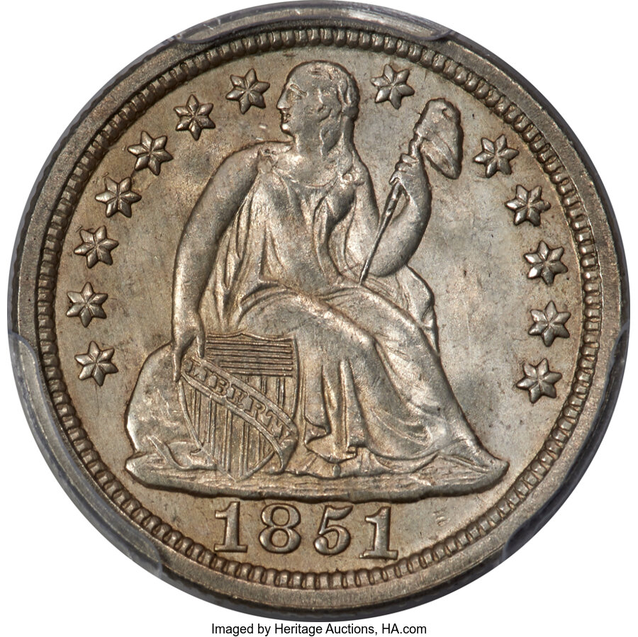 image for: 1851 10C Repunched Date, F-105, R.4, MS64 PCGS....