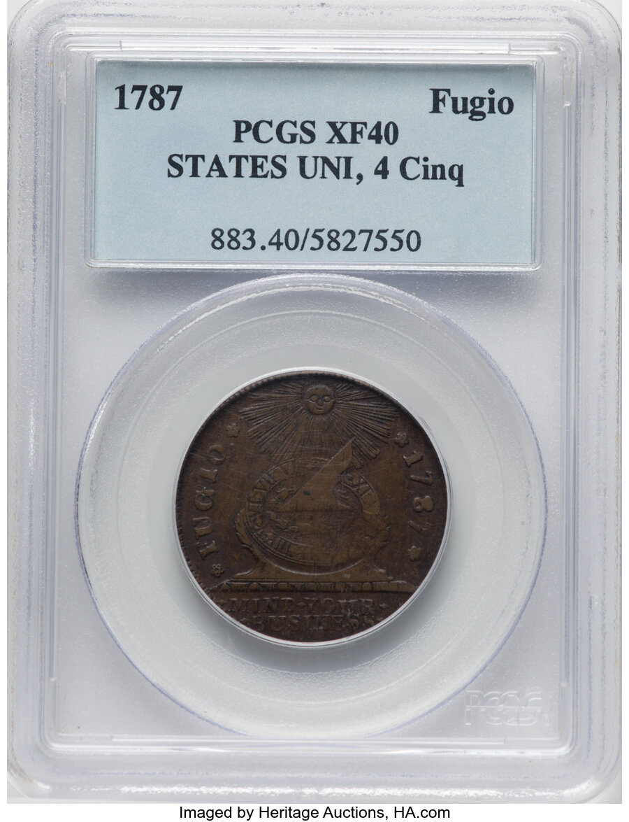 image for: 1787 Fugio Cent, STATES UNITED, 4 Cinquefoils, Pointed Rays, N. 6-W, W-6730, R.4, XF40 PCGS. PCGS Population: (0/2). NGC Cen...