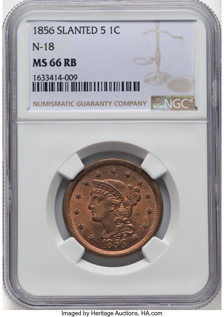 1856 1c Slanted 5, N-18 MS RB