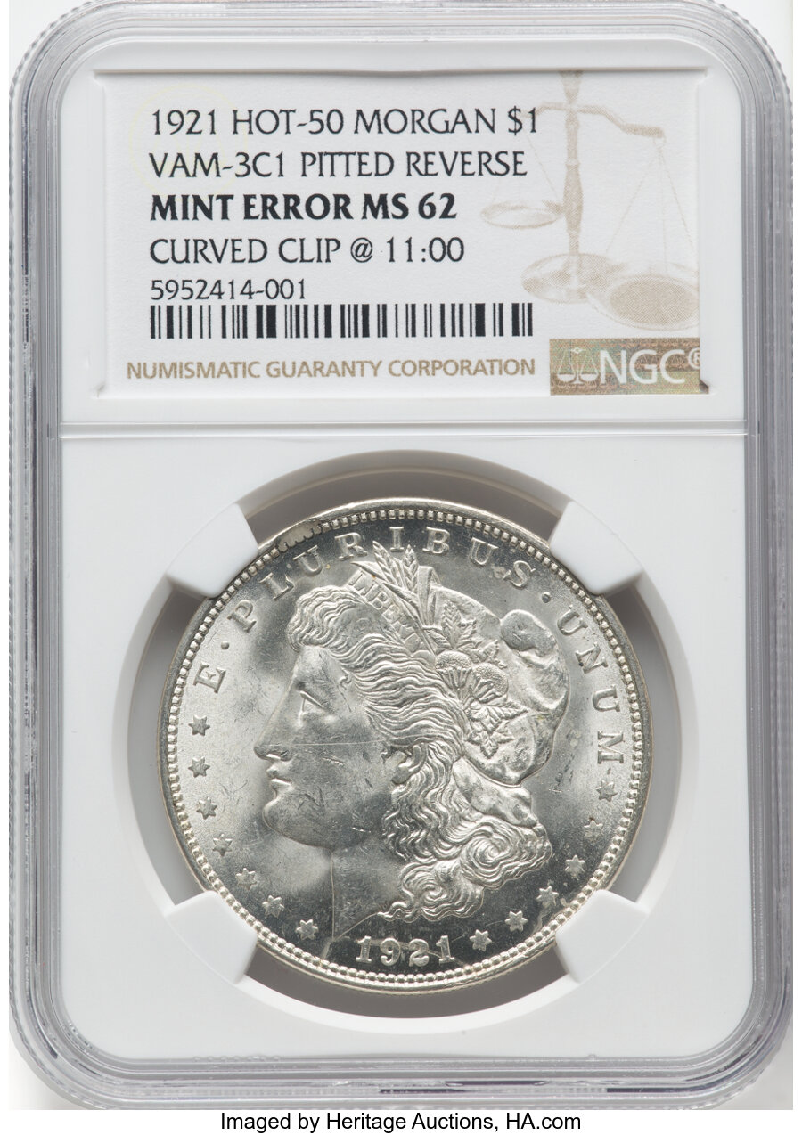 1921 $1 Morgan Dollar VAM-3C1, Pitted Reverse, Hot 50 -- Curved Clip @11:00 -- MS62 NGC....