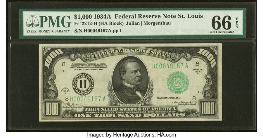 Fr. 2212-H $1,000 1934A Federal Reserve Note. PMG Gem Uncirculated 66 EPQ....