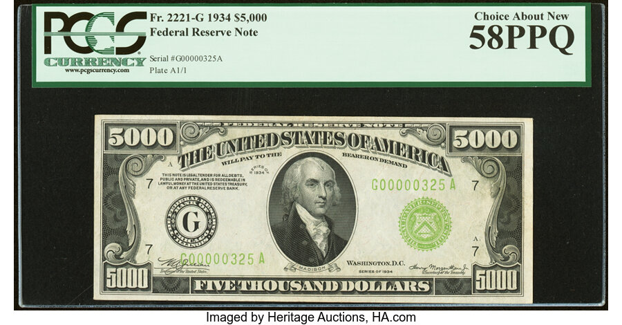 Fr. 2221-G $5,000 1934 Federal Reserve Note. PCGS Choice About New 58PPQ....