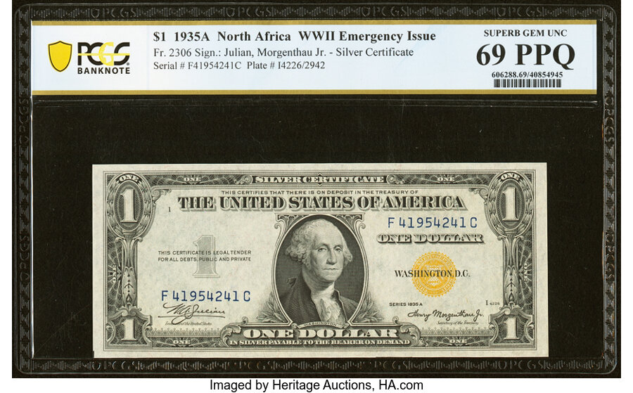 Fr. 2306 $1 1935A North Africa Silver Certificate. F-C Block. PCGS Banknote Superb Gem Unc 69 PPQ....