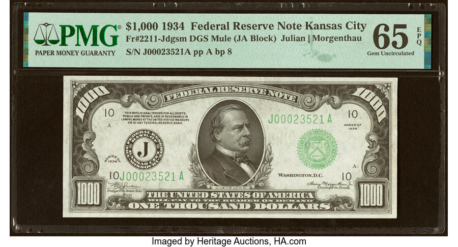 Fr. 2211-J $1,000 1934 Mule Federal Reserve Note. PMG Gem Uncirculated 65 EPQ....