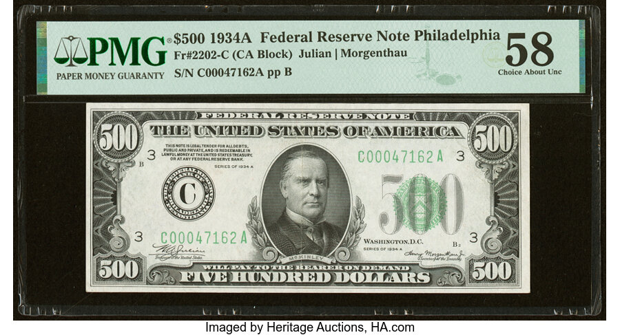 Fr. 2202-C $500 1934A Federal Reserve Note. PMG Choice About Unc 58....