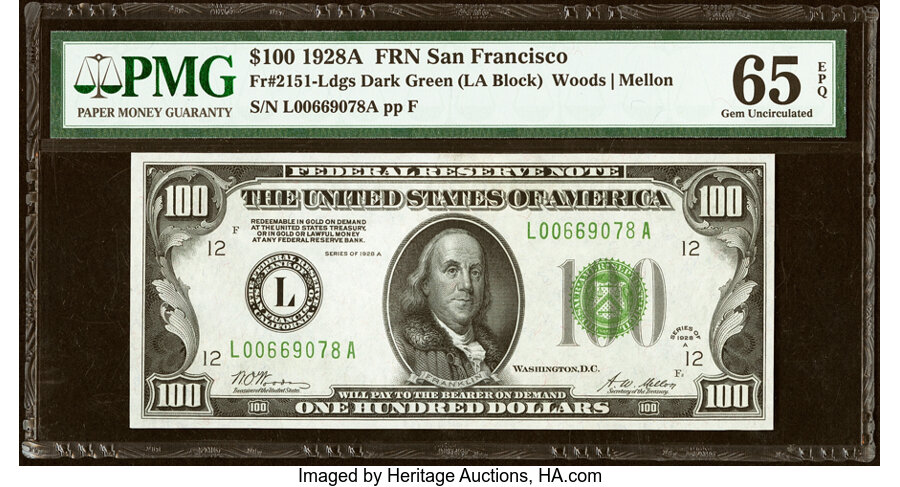Fr. 2151-L $100 1928A Federal Reserve Note. PMG Gem Uncirculated 65 EPQ....