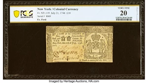 image for: New York July 21, 1746 £10 PCGS Banknote Very Fine 20 Details....