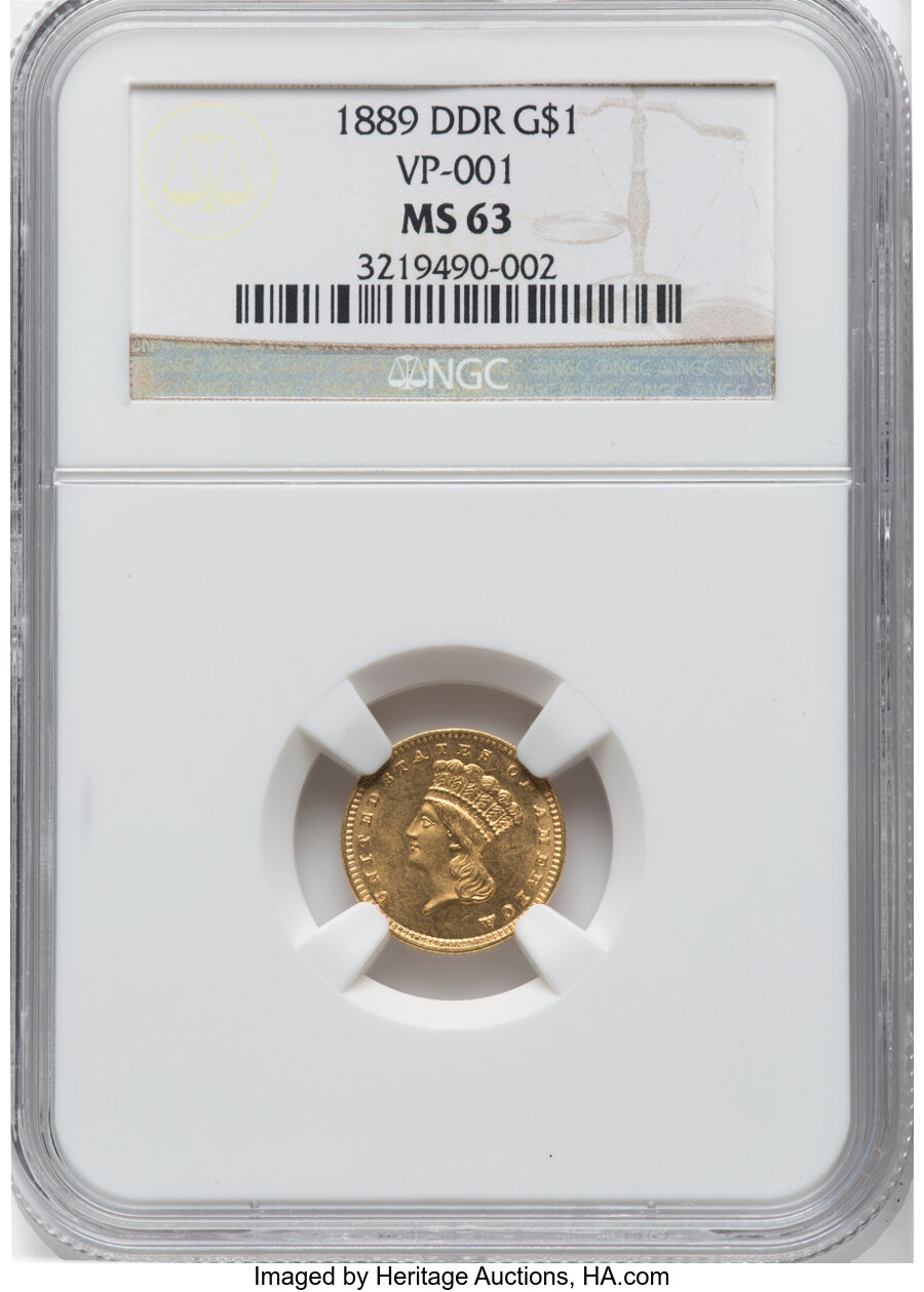 1889 G$1 Double Die Reverse MS63 NGC. VP-001. NGC Census: (276/1304). PCGS Population: (418/1855). CDN: $715 Whsle. Bid for...