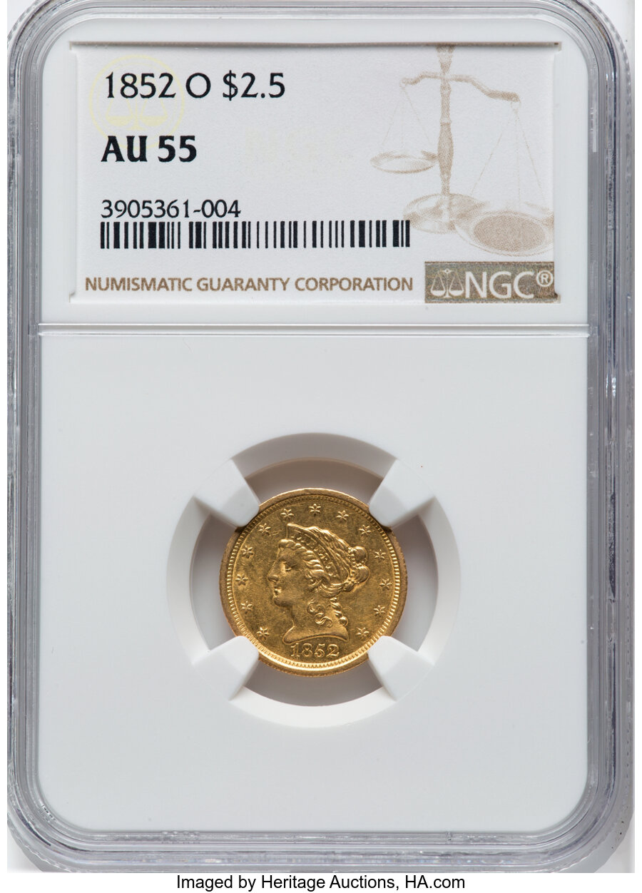 1852-O $2 1/2 AU55 NGC. NGC Census: (139/185). PCGS Population: (45/55). CDN: $975 Whsle. Bid for NGC/PCGS AU55. Mintage 14...
