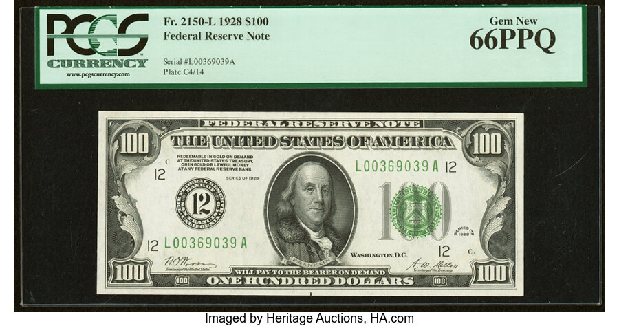 Fr. 2150-L $100 1928 Federal Reserve Note. PCGS Gem New 66PPQ....