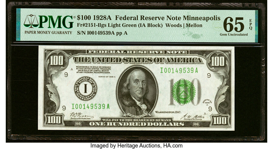 Fr. 2151-I $100 1928A Light Green Seal Federal Reserve Note. PMG Gem Uncirculated 65 EPQ....
