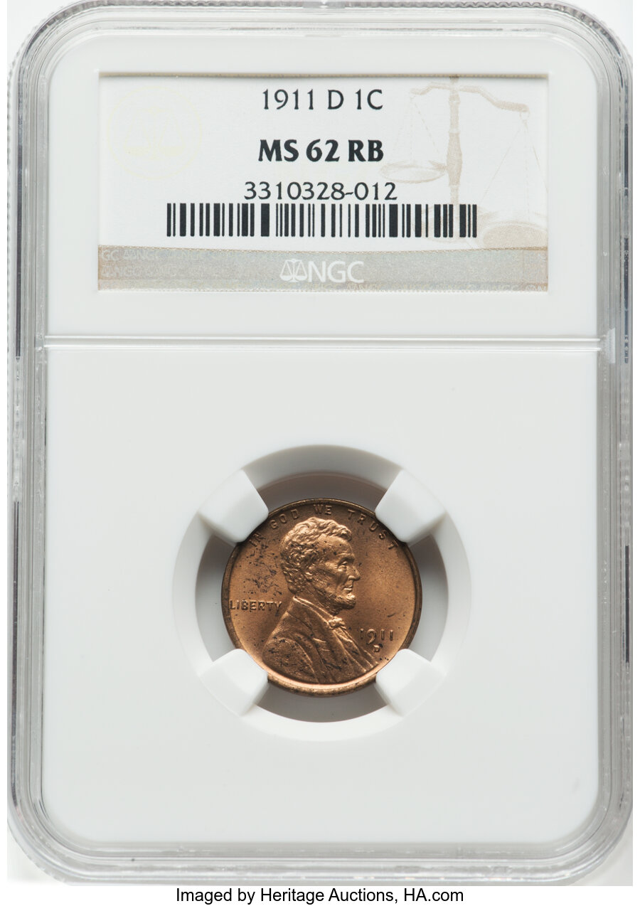 1911-D 1C MS62 Red and Brown NGC. NGC Census: (5/274). PCGS Population: (8/409). MS62. Mintage 12,672,000. ...