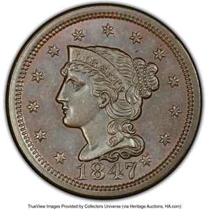 image for: 1847 1C N-1, R.2, MS64 Brown PCGS. Ex: Naftzger Collection. PCGS Population: (5/4). NGC Census: (2/3). CDN: $500 Whsle. Bid...