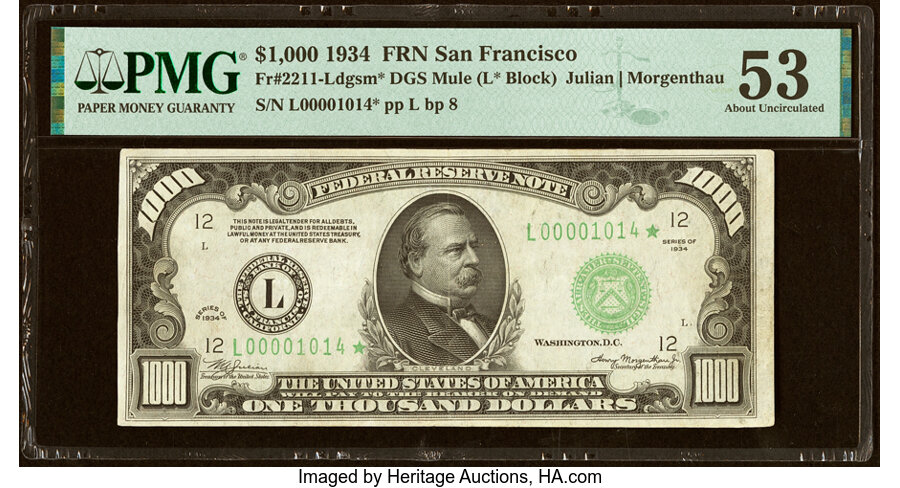 Fr. 2211-L* $1,000 1934 Mule Federal Reserve Star Note. PMG About Uncirculated 53....