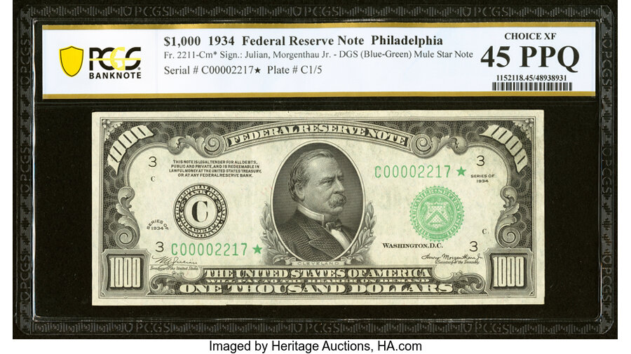 image for: Fr. 2211-C* $1,000 1934 Mule Federal Reserve Note. PCGS Banknote Choice XF 45 PPQ....