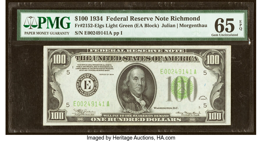 Fr. 2152-E $100 1934 Light Green Seal Federal Reserve Note. PMG Gem Uncirculated 65 EPQ....