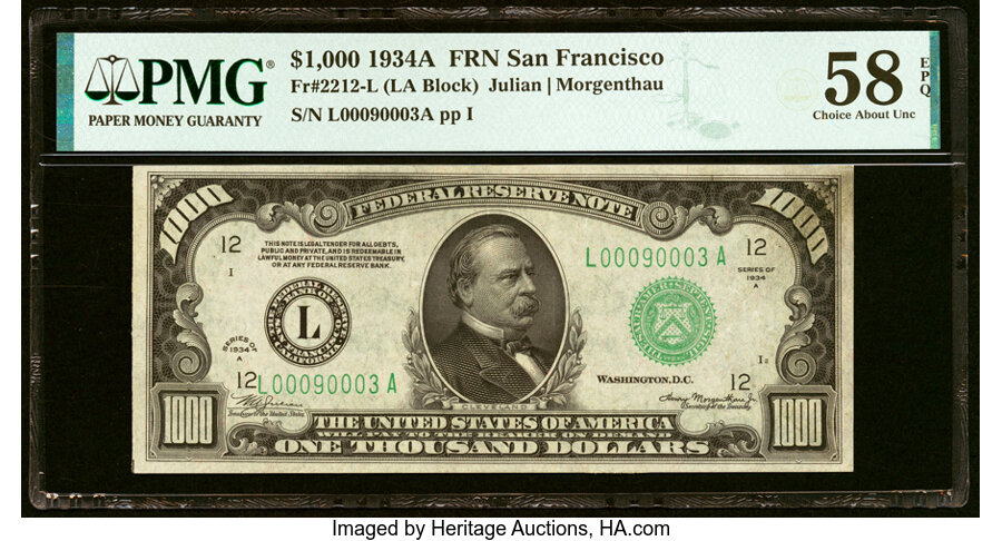 Fr. 2212-L $1,000 1934A Federal Reserve Note. PMG Choice About Unc 58 EPQ....
