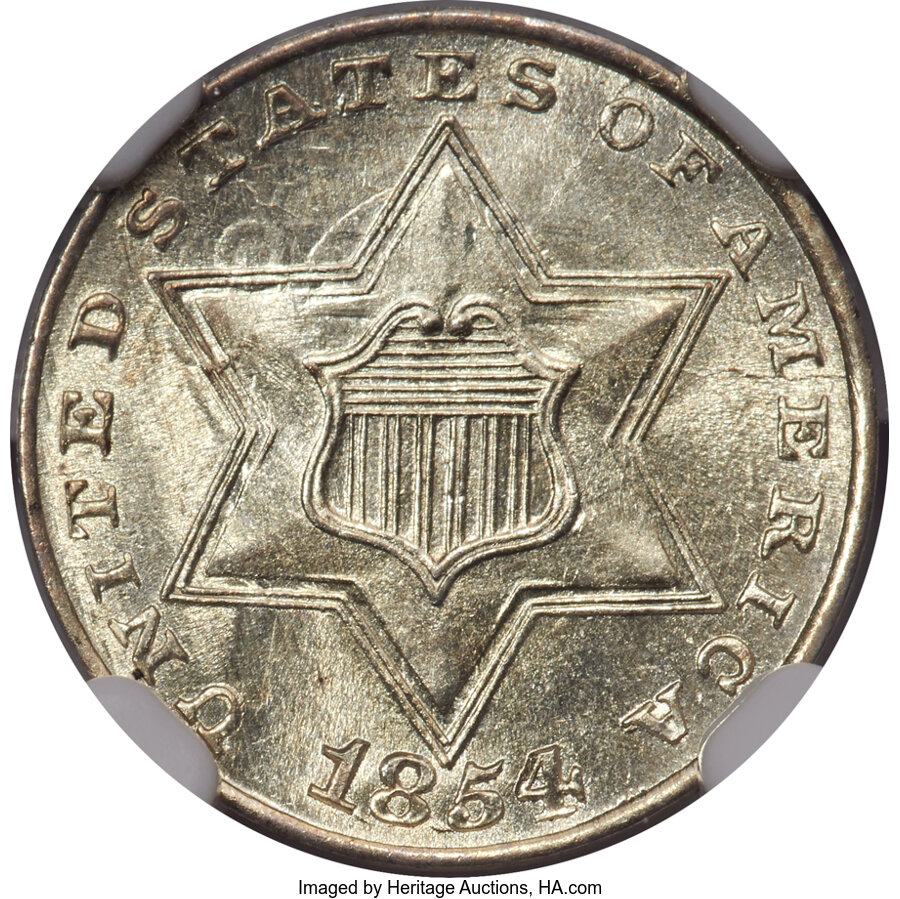 image for: 1854 3CS Repunched Date, FS-301, MS65 NGC....