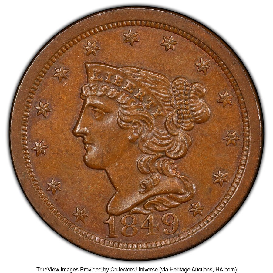 1849 1/2 C Large Date, C-1, B-4, R.2, MS63 Brown PCGS. PCGS Population: (1/9 and 0/0+). NGC Census: (0/0 and 0/0+). CDN: $7...