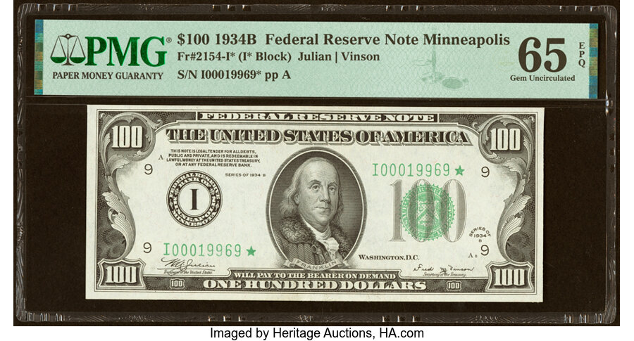Fr. 2154-I* $100 1934B Federal Reserve Note. PMG Gem Uncirculated 65 EPQ....