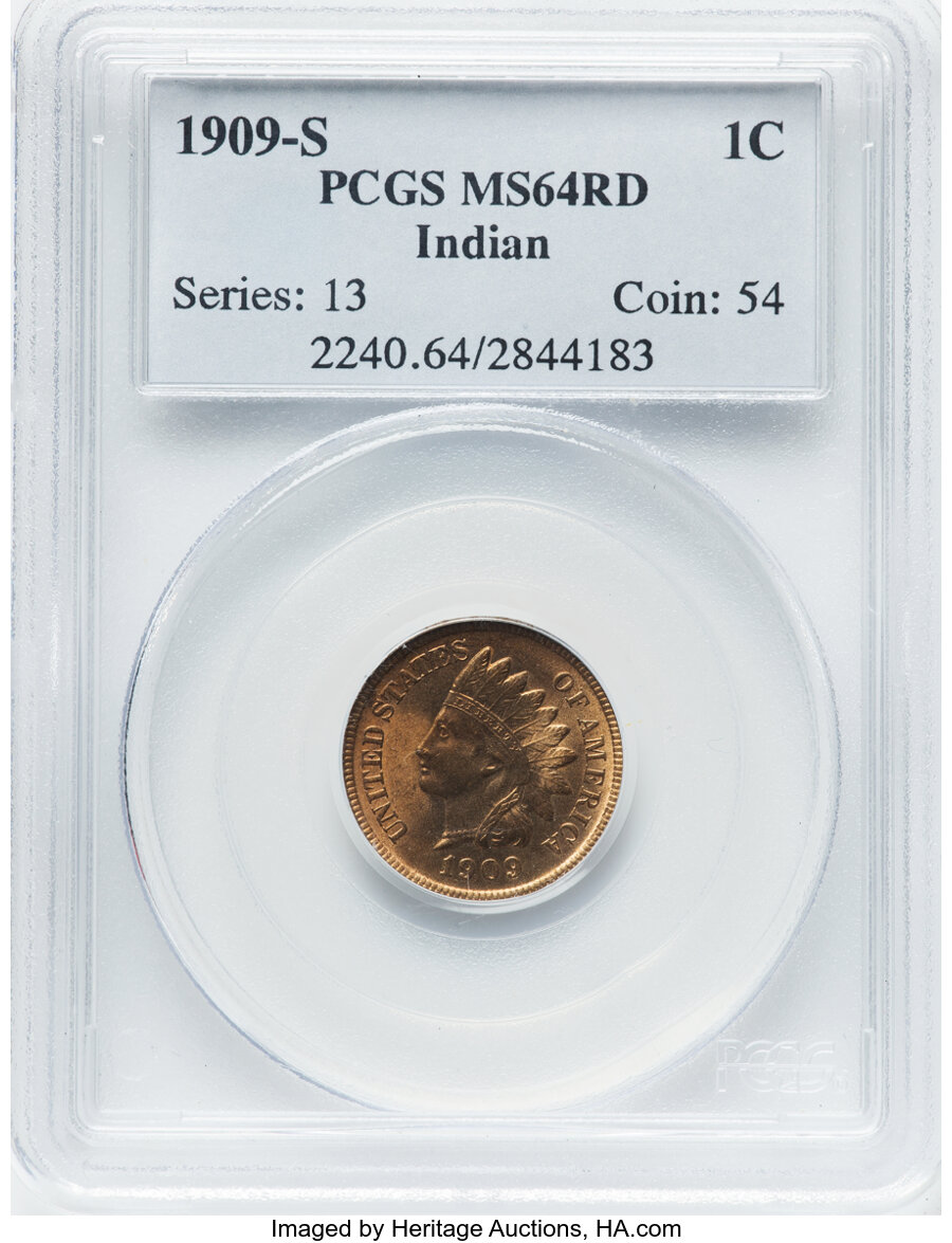 1909-S 1C MS64 Red PCGS. PCGS Population: (234/198). NGC Census: (104/66). CDN: $2,200 Whsle. Bid for NGC/PCGS MS64. Mintag...