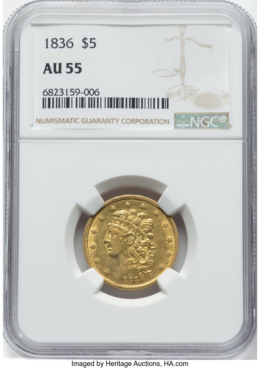 image for: 1836 $5 HM-8, R.4, AU55 NGC. NGC Census: (215/373). PCGS Population: (90/187). CDN: $2,000 Whsle. Bid for NGC/PCGS AU55. Mi...