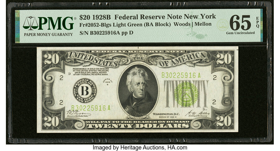 Fr. 2052-B $20 1928B Light Green Seal Federal Reserve Note. PMG Gem Uncirculated 65 EPQ....