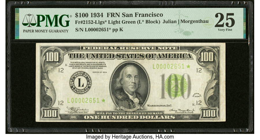 Fr. 2152-L* $100 1934 Light Green Seal Federal Reserve Star Note. PMG Very Fine 25....
