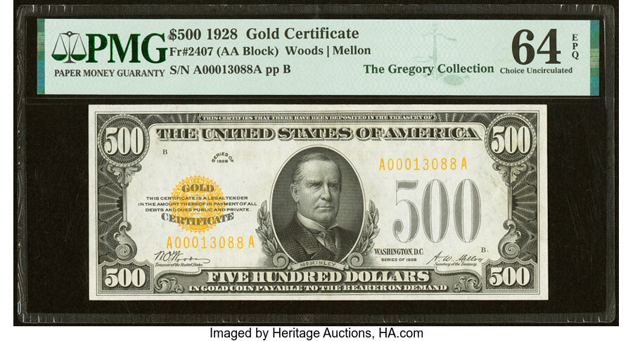 Fr. 2407 $500 1928 Gold Certificate. PMG Choice Uncirculated 64 EPQ....
