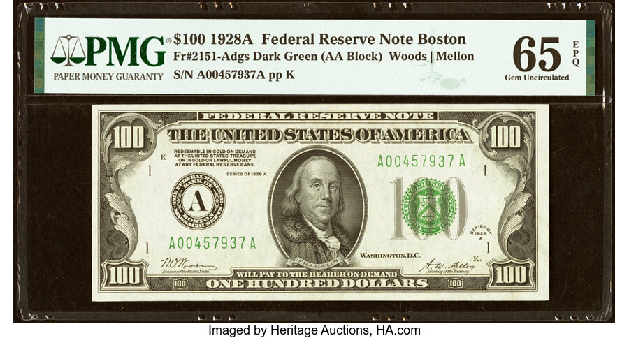 Fr. 2151-A $100 1928A Federal Reserve Note. PMG Gem Uncirculated 65 EPQ....
