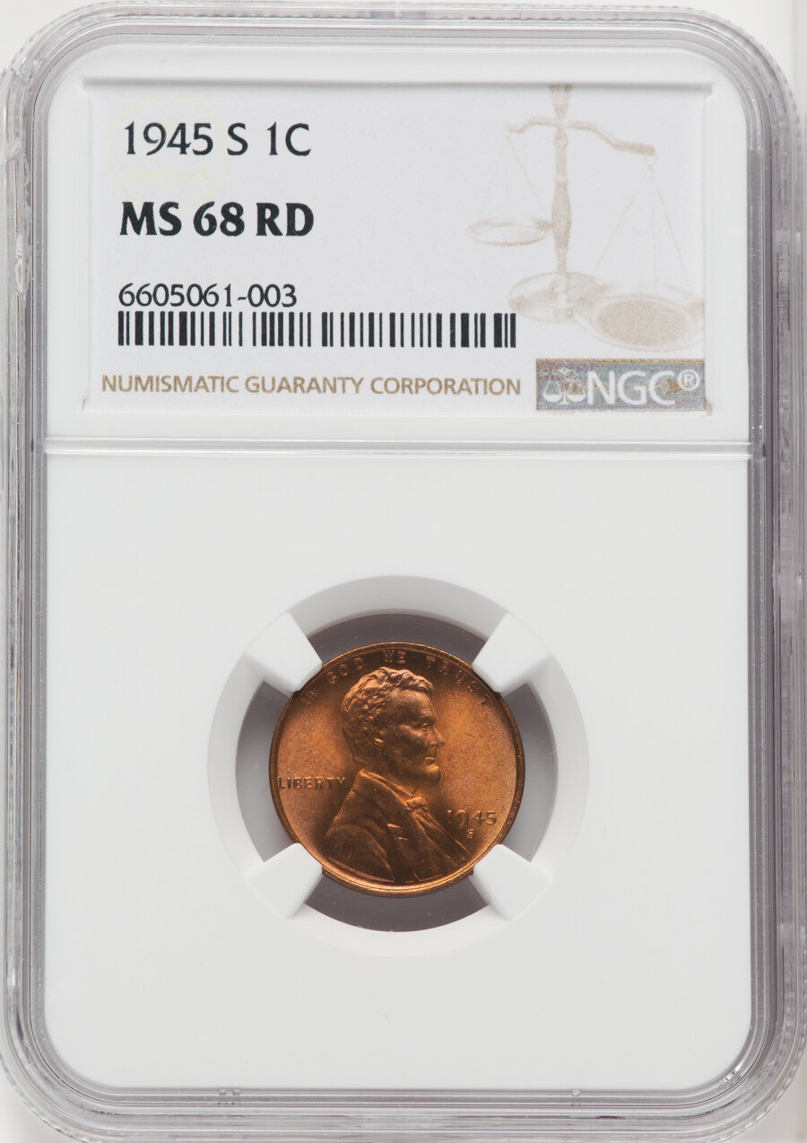 1945-S 1C MS68 Red NGC. NGC Census: (7/0). PCGS Population: (3/0). CDN: $12,000 Whsle. Bid for NGC/PCGS MS68. Mintage 181,7...