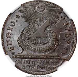 image for: 1787 1C Fugio Cent, UNITED STATES, 4 Cinquefoils, N. 11-B, W-6785, R.4, MS65 Brown NGC....
