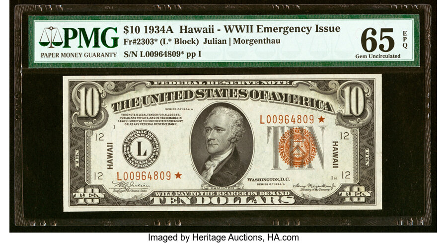 Fr. 2303* $10 1934A Hawaii Federal Reserve Star Note. PMG Gem Uncirculated 65 EPQ....