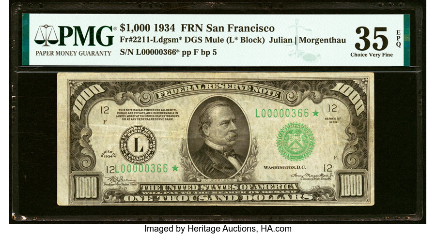 Low Serial Number 366 Fr. 2211-L* $1,000 1934 Mule Federal Reserve Star Note. PMG Choice Very Fine 35 EPQ....