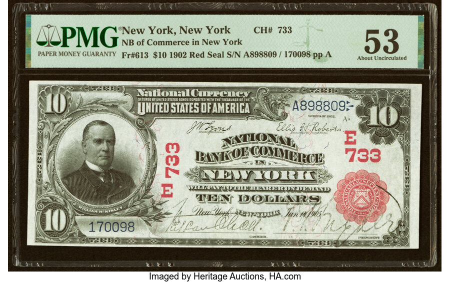 New York, NY - $10 1902 Red Seal Fr. 613 National Bank of Commerce Ch. # (E)733 PMG About Uncirculated 53....