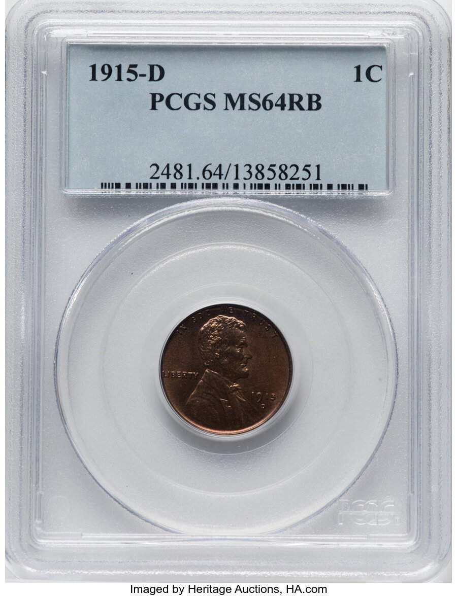1915-D 1C MS64 Red and Brown PCGS. PCGS Population: (382/86). NGC Census: (160/75). CDN: $180 Whsle. Bid for NGC/PCGS MS64....