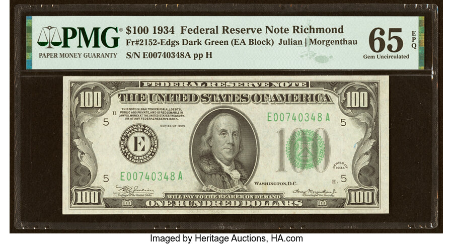 Fr. 2152-E $100 1934 Federal Reserve Note. PMG Gem Uncirculated 65 EPQ....