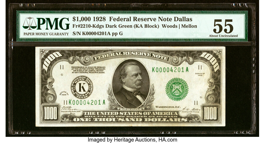 Fr. 2210-K $1,000 1928 Federal Reserve Note. PMG About Uncirculated 55....