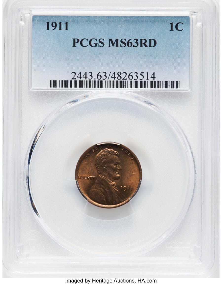 1911 1C MS63 Red PCGS. PCGS Population: (33/638). NGC Census: (8/166). CDN: $100 Whsle. Bid for NGC/PCGS MS63. Mintage 101,...