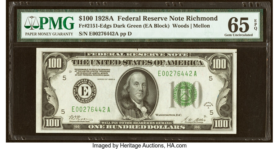 Fr. 2151-E $100 1928A Federal Reserve Note. PMG Gem Uncirculated 65 EPQ....