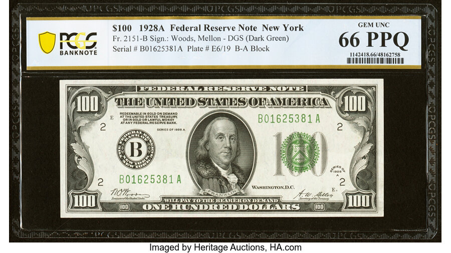 Fr. 2151-B $100 1928A Federal Reserve Note. PCGS Banknote Gem Unc 66 PPQ....