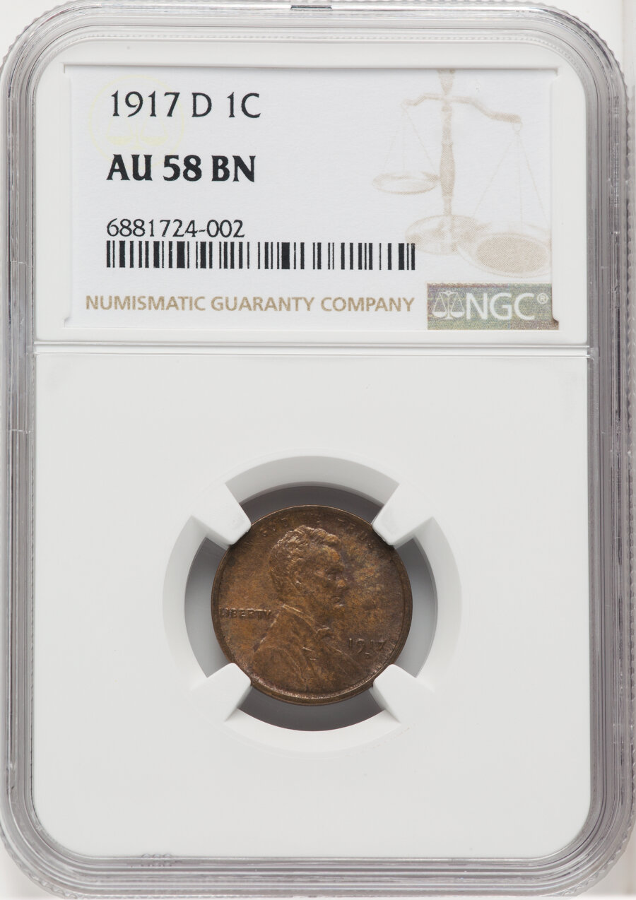 1917-D 1C AU58 Brown NGC. NGC Census: (49/315). PCGS Population: (102/495). CDN: $48 Whsle. Bid for NGC/PCGS AU58. Mintage ...