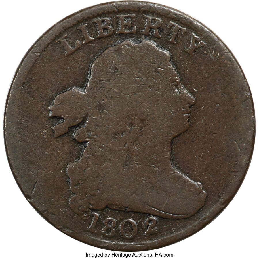 1802/0 1/2 C Reverse of 1802, C-2, B-2, R.3, Good 6 PCGS. Ex: Jon D. Lusk Collection....