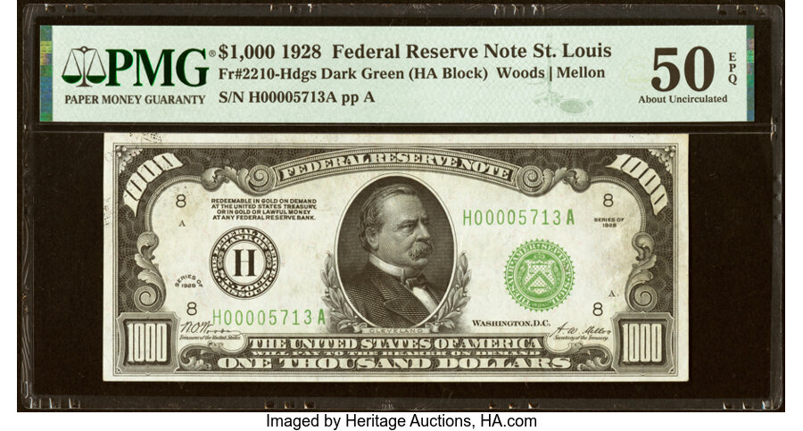 Fr. 2210-H $1,000 1928 Federal Reserve Note. PMG About Uncirculated 50 EPQ....