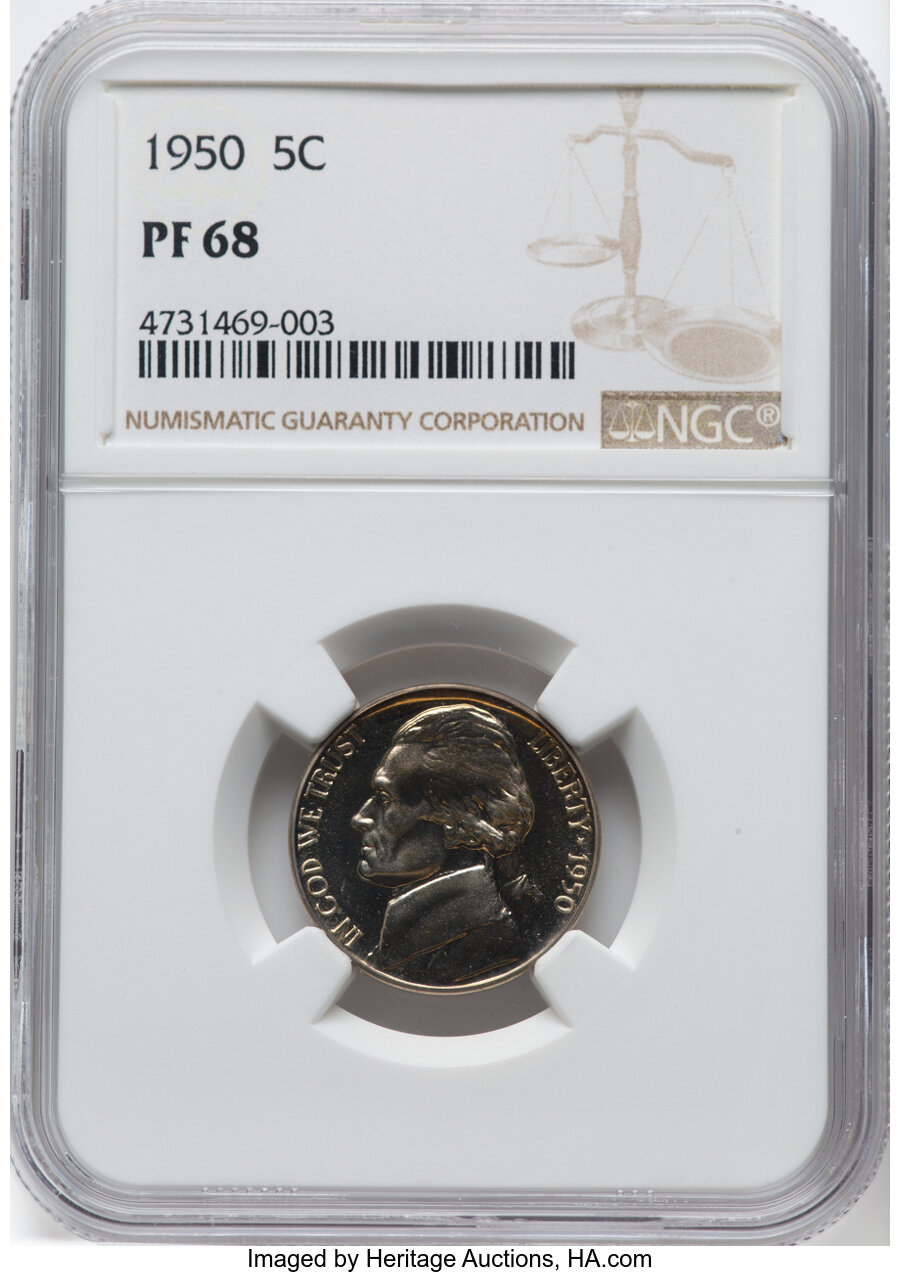 1950 5C PR68 NGC. NGC Census: (183/7). PCGS Population: (51/0). CDN: $260 Whsle. Bid for NGC/PCGS PR68. Mintage 51,386. ...