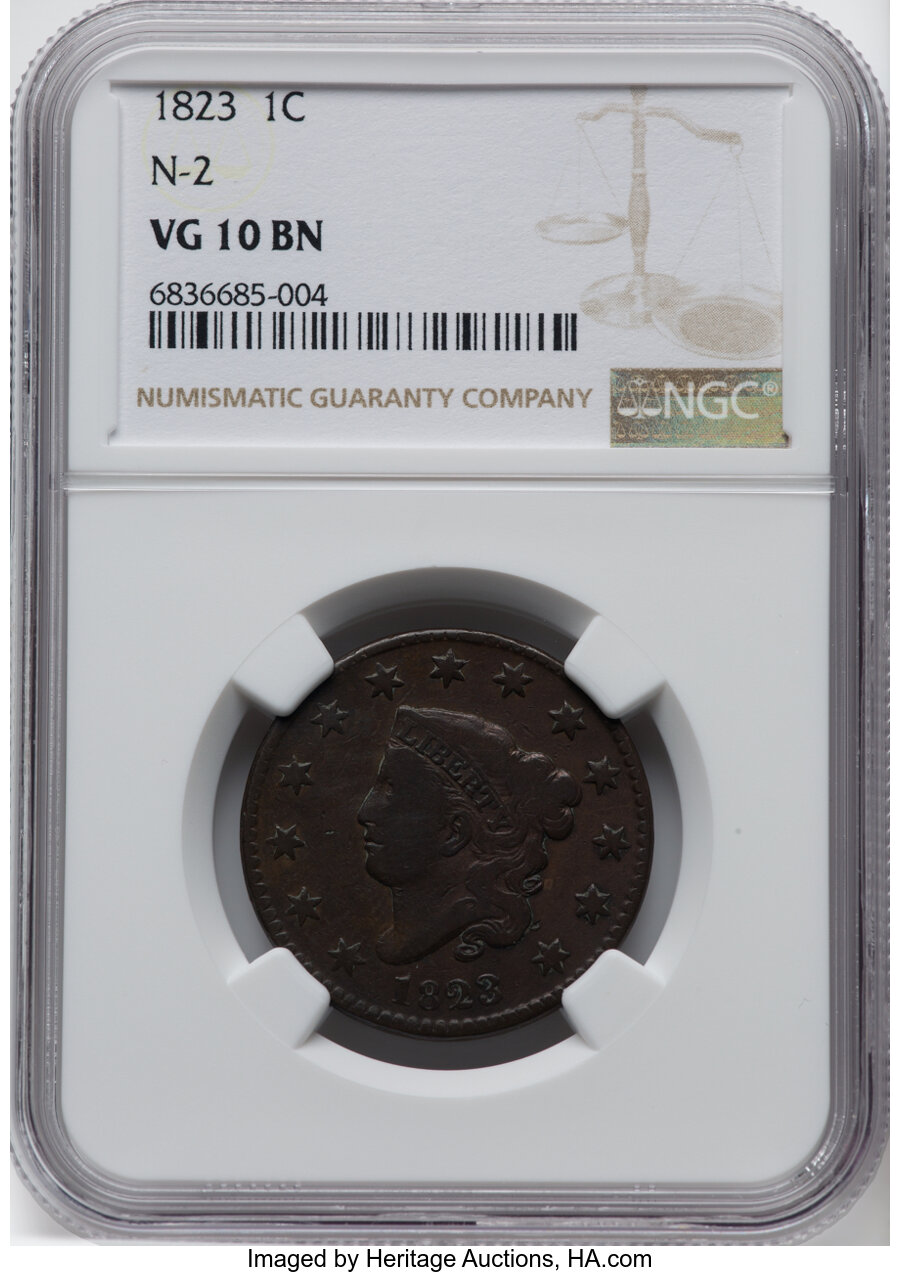 1823 1C N-2, R.2, VG10 NGC. NGC Census: (5/40). PCGS Population: (1/12). CDN: $275 Whsle. Bid for NGC/PCGS VG10. Mintage 1,...