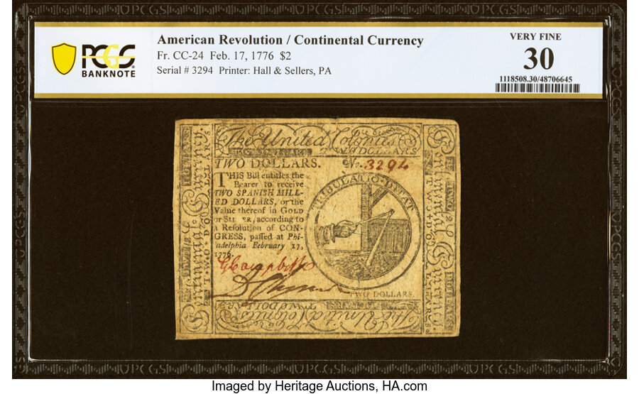 Continental Currency February 17, 1776 $2 PCGS Banknote Very Fine 30....